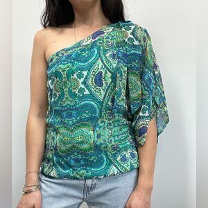 Cache 90's Y2K Turquoise Printed Silk One Shoulder Beaded Blouse Size M